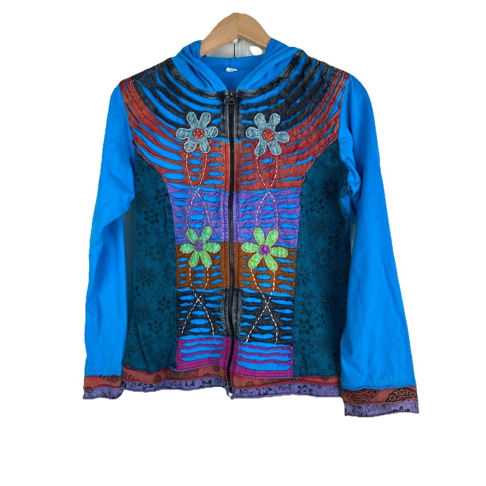 Women's S Blue Floral Full Zip Hooded Colorful Boho Sweatshirt Made in Nepal